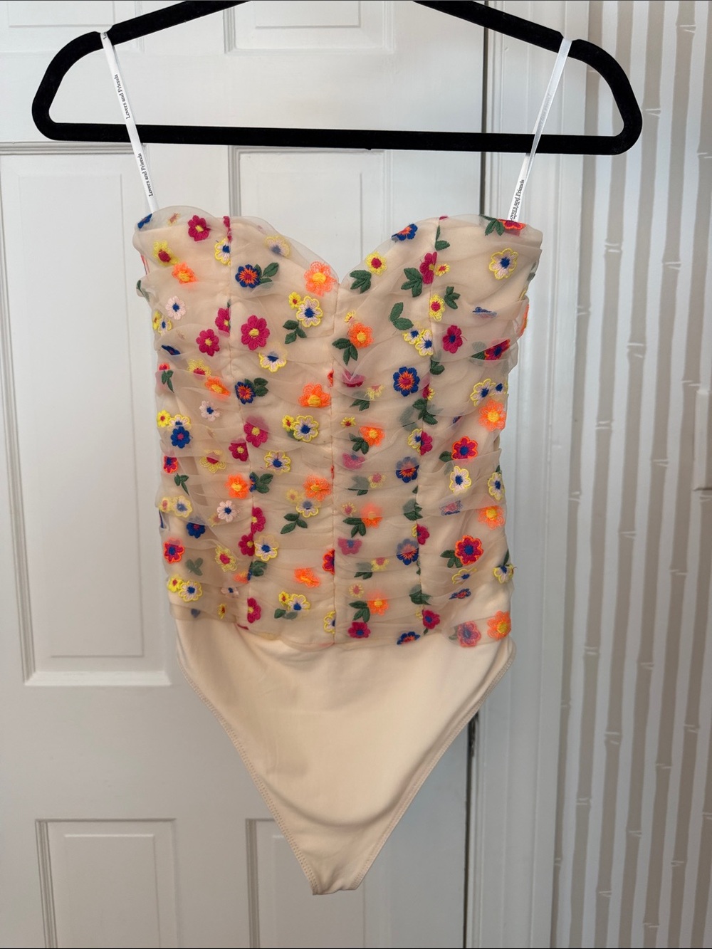 Never worn!Lovers + Friends Nude Mesh Bodysuit with Multicolor Floral Embroidery